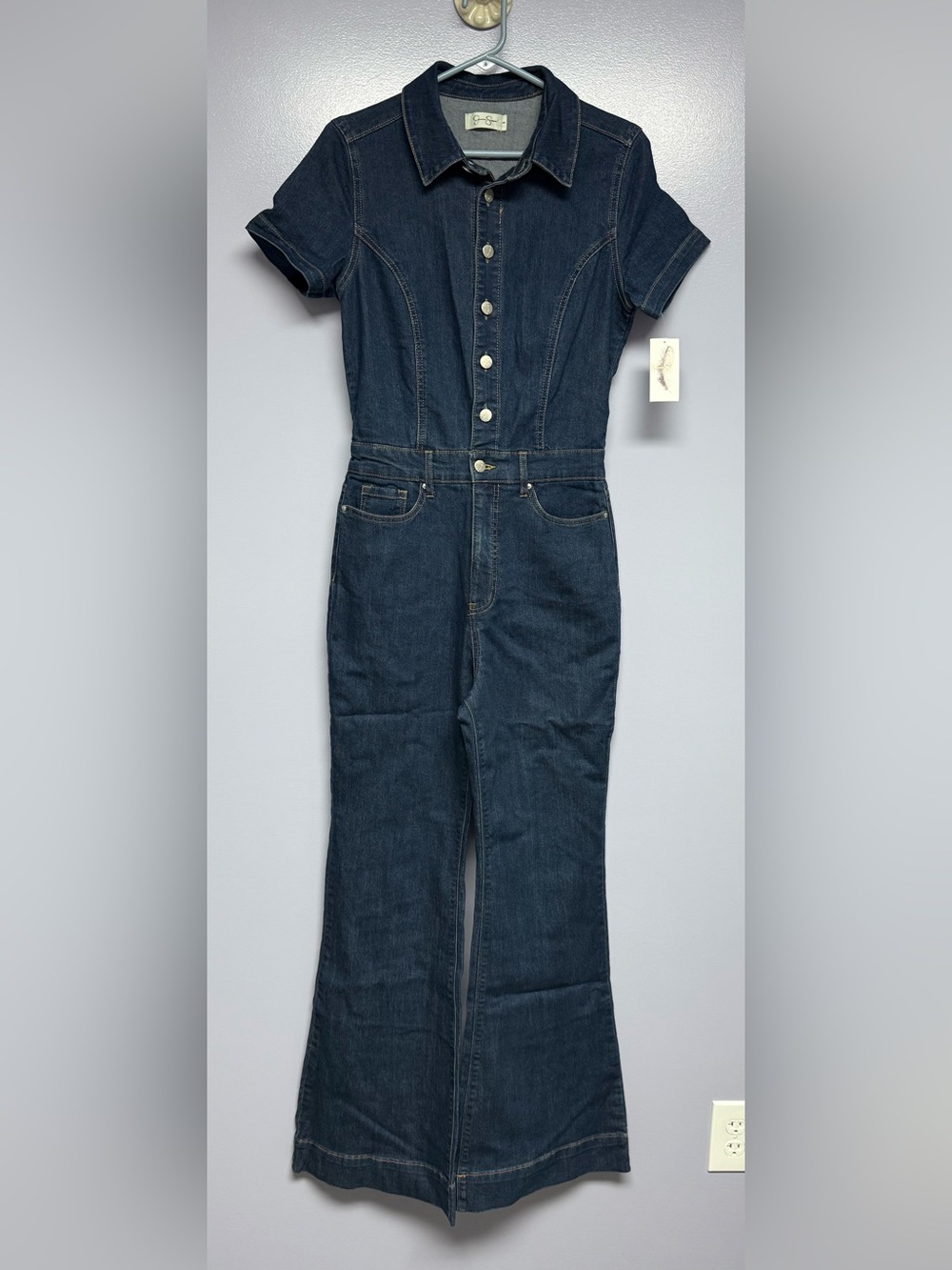 NWT Jessica Simpson Cammie Short Sleeve Denim Overalls Jumpsuit flare size 9